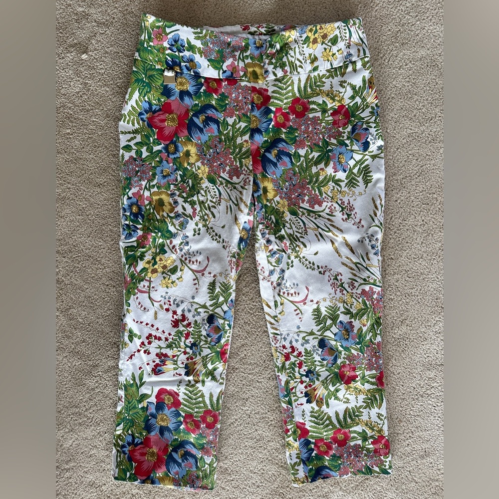 Joseph Ribkoff White Floral Cropped Pants with Multicolor Blooms